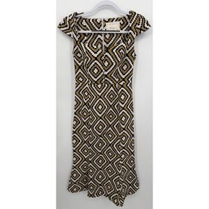 Anthropologie Maeve Cecily Fit & Flare Dress Women XS Gold Black Cap Sleeve Midi